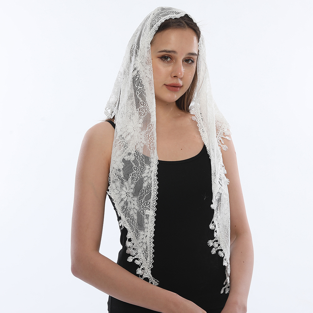 Bufanda de encaje triangular bordada para chal de iglesia Mantilla española velo católico bufanda de iglesia para mujer pañuelo negro blanco