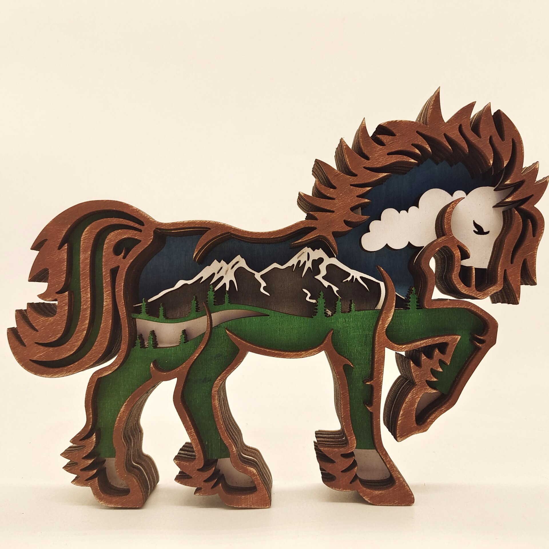 Estatua de lobo Animal de madera, tótem de lobo , artesanía decorativa para oficina y hogar, de Navidad, adornos de oso marrón de alce del bosque del norte: With Light / Horse