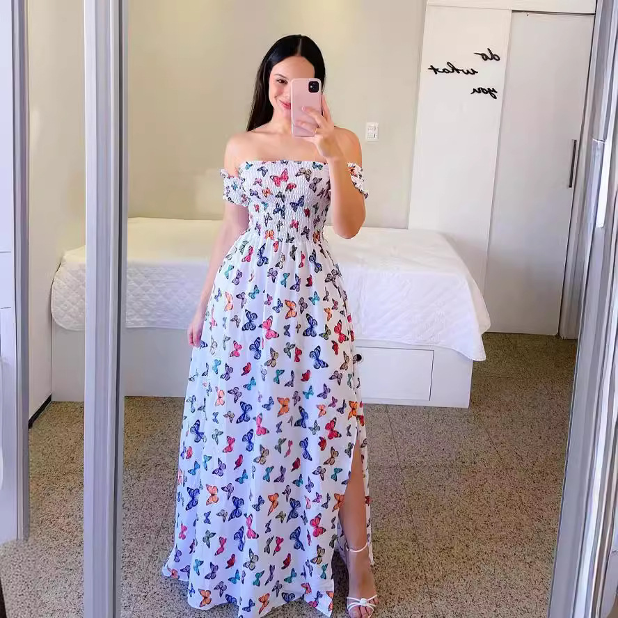 Moda feminina um ombro impresso split doce e elegante borboleta arco-íris vestido longo senhora vestidos flor sólido colorido