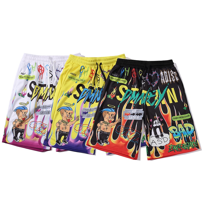 Aolamegs Shorts hommes dessin animé flamme Graffiti imprimer plage genou longueur Shorts Hip Hop Bermuda Style taille élastique haute rue été