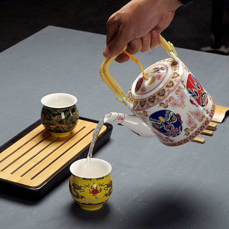 Théière en céramique 800ml style chinois théière en porcelaine bleue et blanche imprimée à la main poignée en bois de bambou fournitures de cuisine