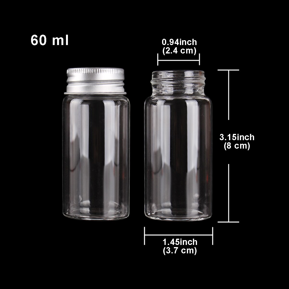 15pcs 20ml-150ml Glass Bottles with Aluminum Lids Diameter 37mm Candy Jars Pill Container 9 Sizes U-pick: 60ml