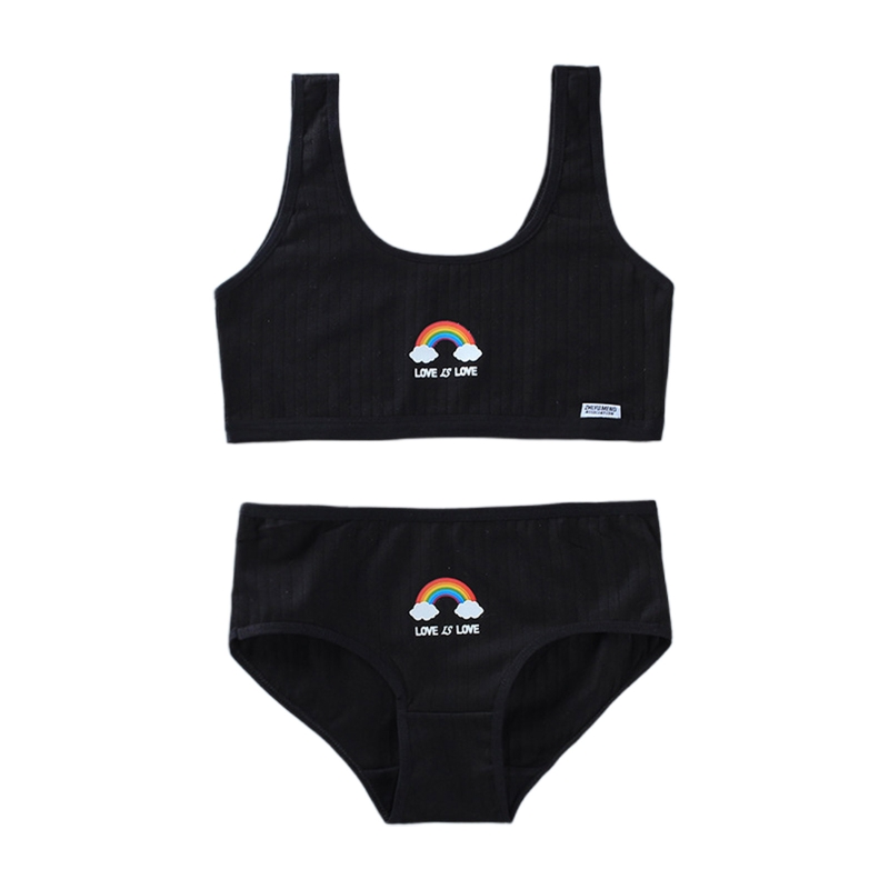 Teenage Young Girls 2Pcs Underwear Set Rainbow Bridge Print Cotton Training Bra Vest Top and Panties Sports Bralette: Black