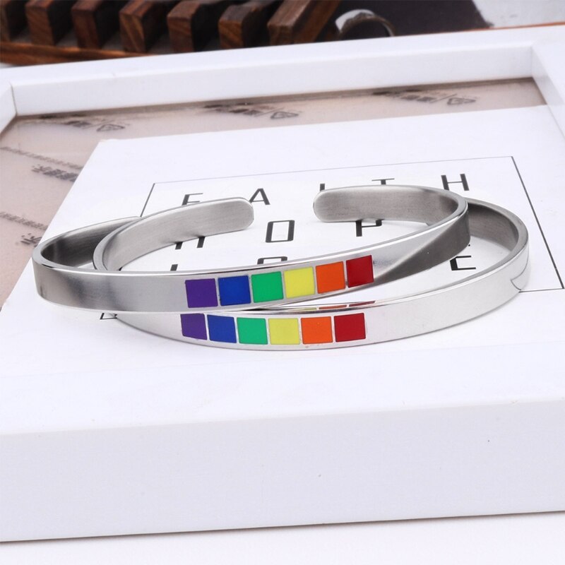 Regenbogen Liebe Stolz Armbänder Lesben & Homosexuell Edelstahl Emaille Manschette Armreif J78F