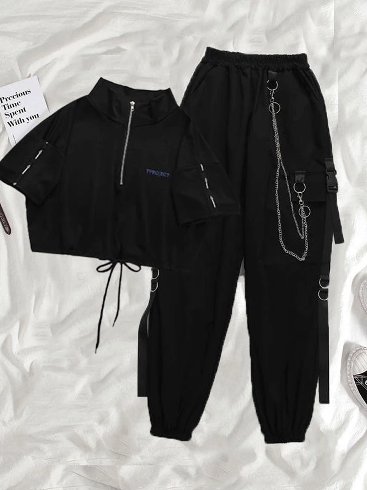 HOUZHOU-pantalones Cargo Harajuku con cadena para mujer, pantalón Punk, estilo Hip Hop, gótico, negro, ropa de calle