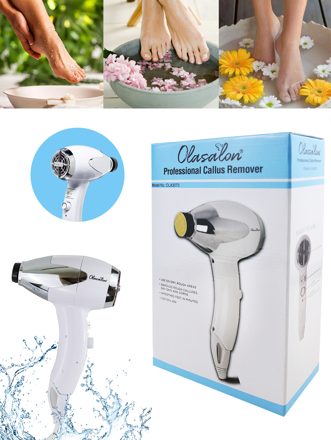 OLASALON Electric Foot Callus Remover Waterproof Foot Care Pedicure Tool Set for Callus Removal, 230V European plug