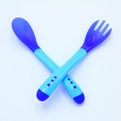 Veiligheid Temperatuur Sensing Lepel Babyvoeding vork kids Kinderen Voedsel Gebruiksvoorwerpen Siliconen lepels Voor Baby Care servies: blue set