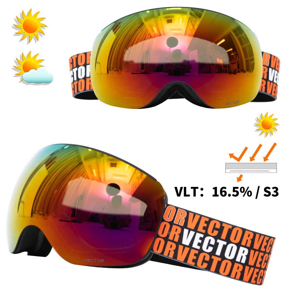Vector Magnets OTG Ski Goggles Spherical Wide View Sunglasses Snow Glasses Anti-fog Interchangeable Lens