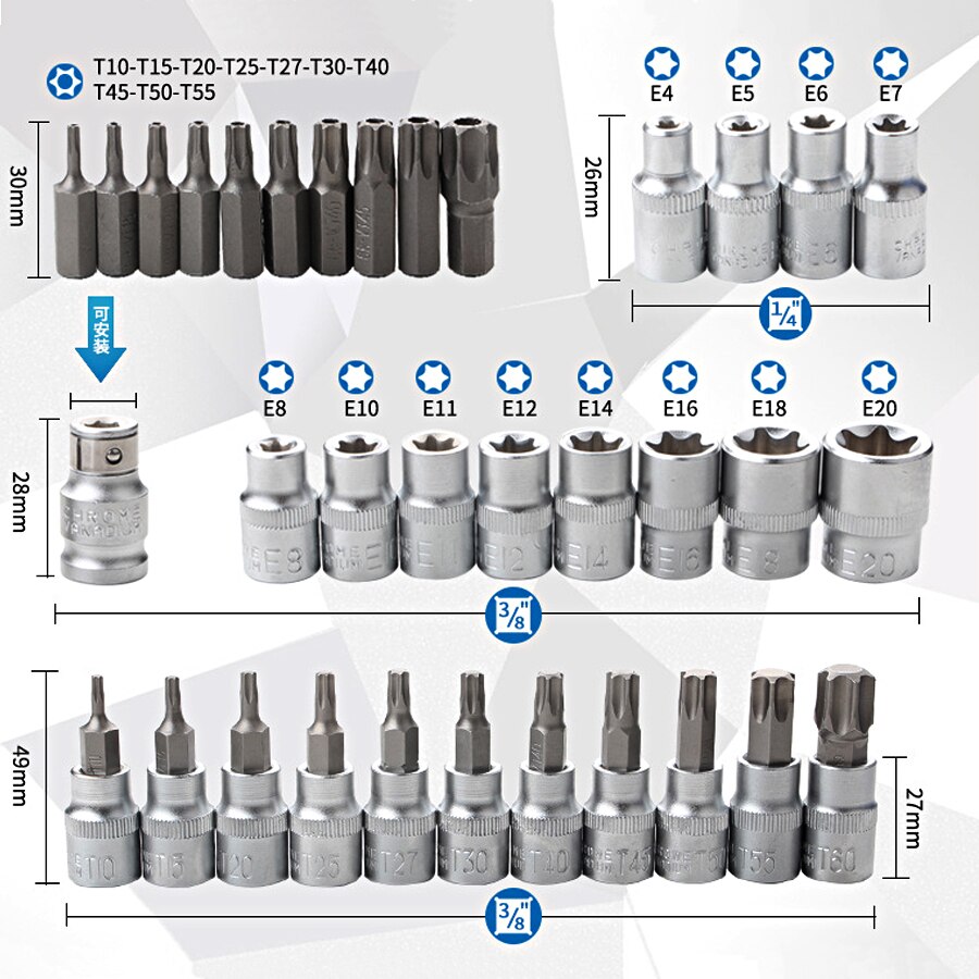 Male Female E Torx Star Socket Set &amp; Bit with Torx Tool Kit External Torque Star Socket Set Motor Repairing Tool