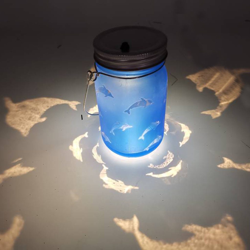 Hand Etched Dolphins Solar Mason Jar Light Bottle Projection Nightlight Patio
