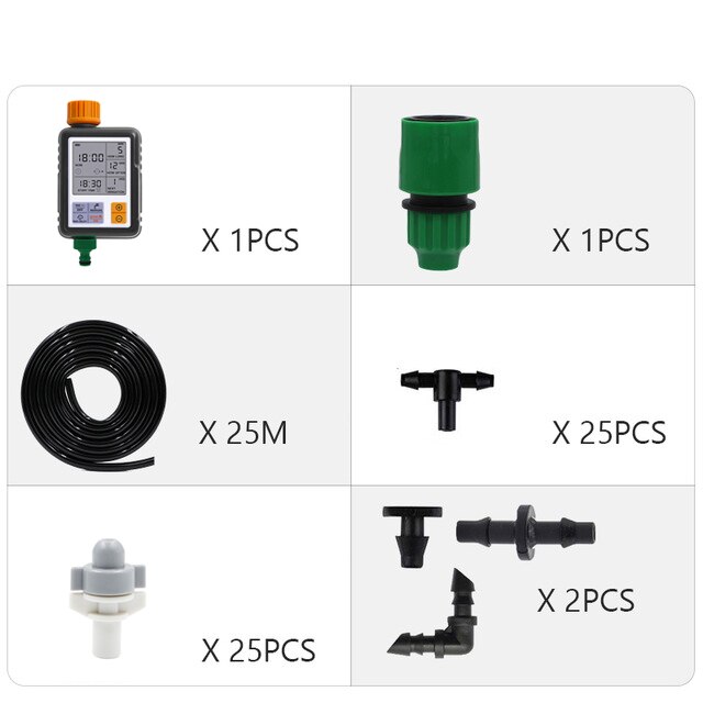 Automatic Micro Drip Irrigation System Garden Irrigation Spray Self Watering Kits with Adjustable Dripper: 25M And Timer