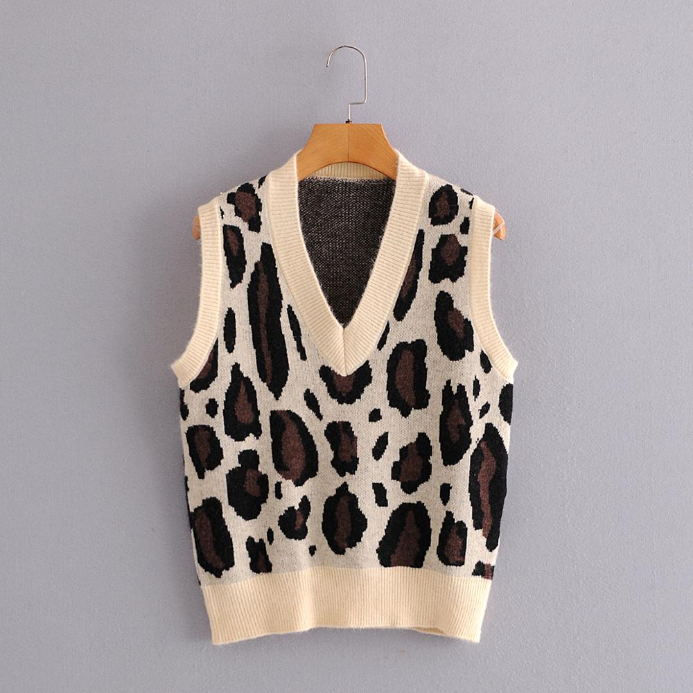 Za Women Sweater Vest Za Sleeveless Leopard print Casual Loose Blue Knitted Vest Top