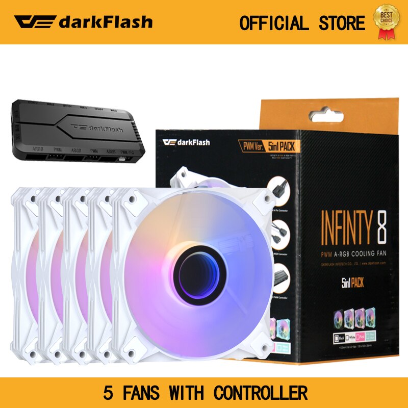 Darkflash Computer Pc Case Fans 120Mm Rgb Fan 4pin Pwm Argb Koelventilator 3pin 5V Aurora Effect Kleurrijke keuze 12Cm Ventilador: 5in1 set white