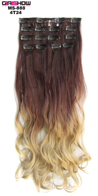 Girlshow Clip in on synthetic Dip dye Hair Extensions 7pcs/set 22" Long wavy Heat resistance fibre ombre Hair MS-888, 90g/set: MS-888 4T24