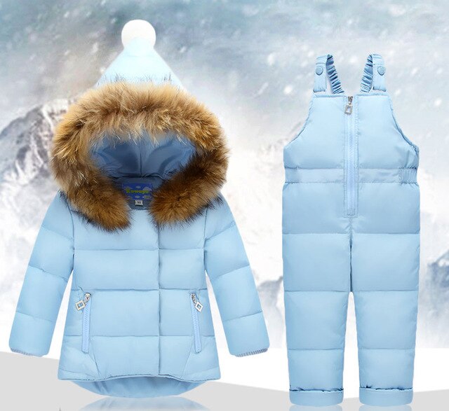 Baby Eendendons Sets Jumpsuit Sneeuw Jassen + Bib Pant 2 Stuks Set Winter Kinderen Jongen Meisjes Eendendons jassen Jas Met Bont Kap: light bule / 24M