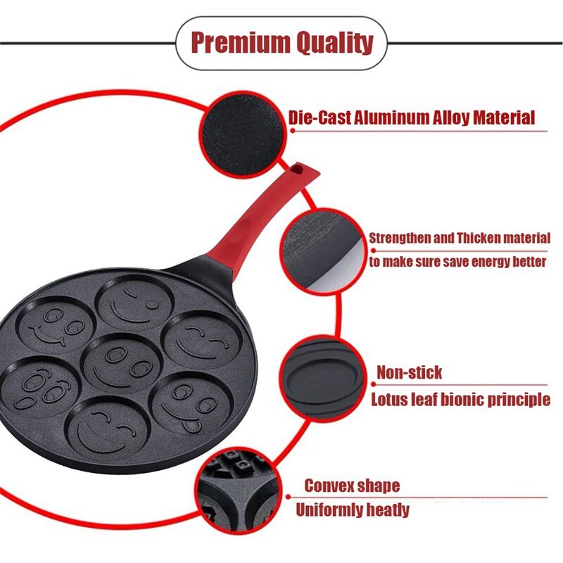 Pancake Maker-Non-Stick Pancake Pan Griddle Grill Pan Mini Crepe Maker 7-Mold Pancakes with Silicone Handle Smile