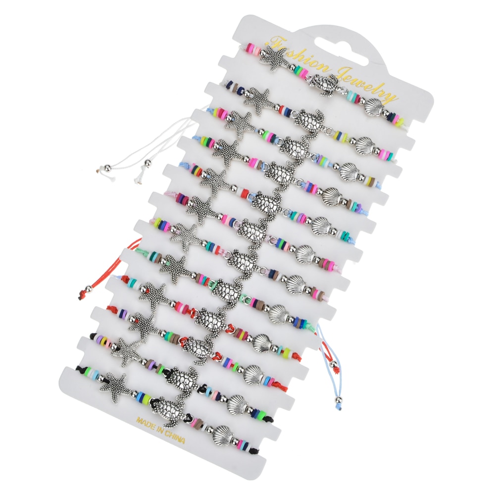 Conjunto de pulseras trenzadas con dijes de elefante para hombre y mujer, pulsera con cadena de cuerda ajustable, estrella de concha, joyería para Yoga, 12 unids/lote