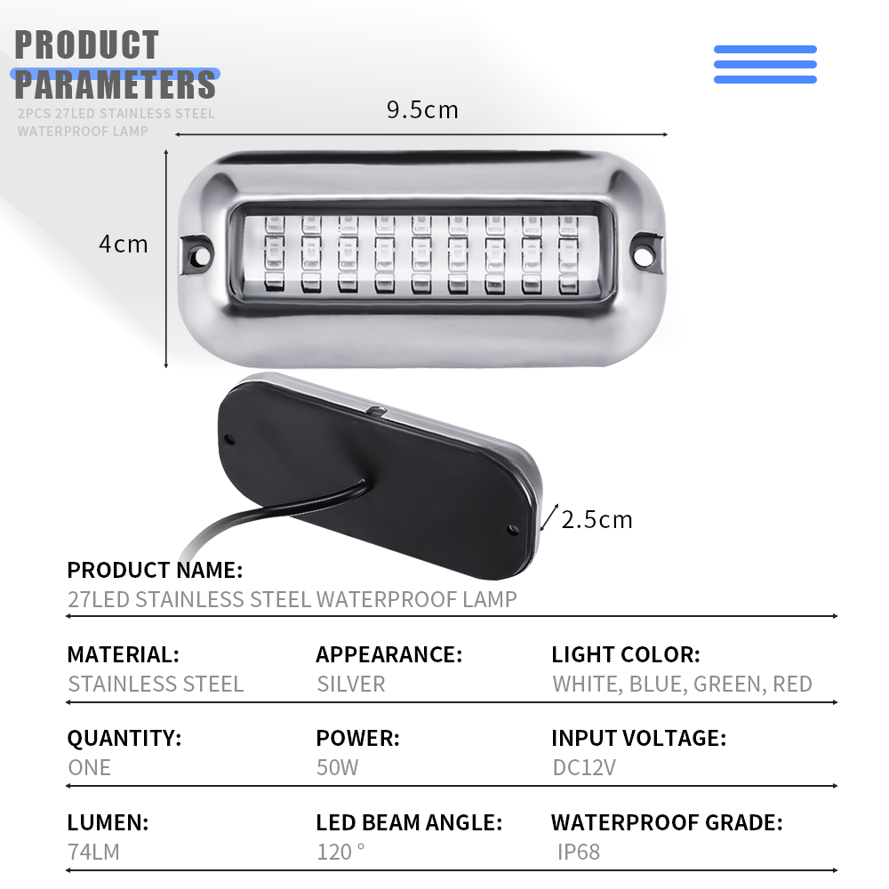 IP68 Waterproof Boat Transom Lamp 27LED Stainless Underwater Light Pontoon Marine Ship Lights Blue/White