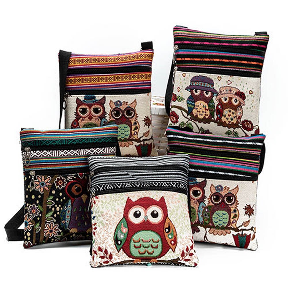 Vintage Frauen Kleine Taschen Cartoon Eule Druck Schulter Messenger Taschen Leinwand Nationalen Doppel-reißverschluss Mini Flap Bag Frau