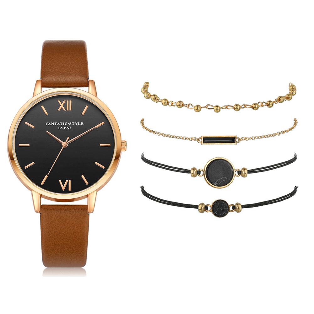 Ensemble de montres en cuir pour femmes, 5 pièces, montres à Quartz, simples, romaines, décontractées, , offre spéciale,: brown set