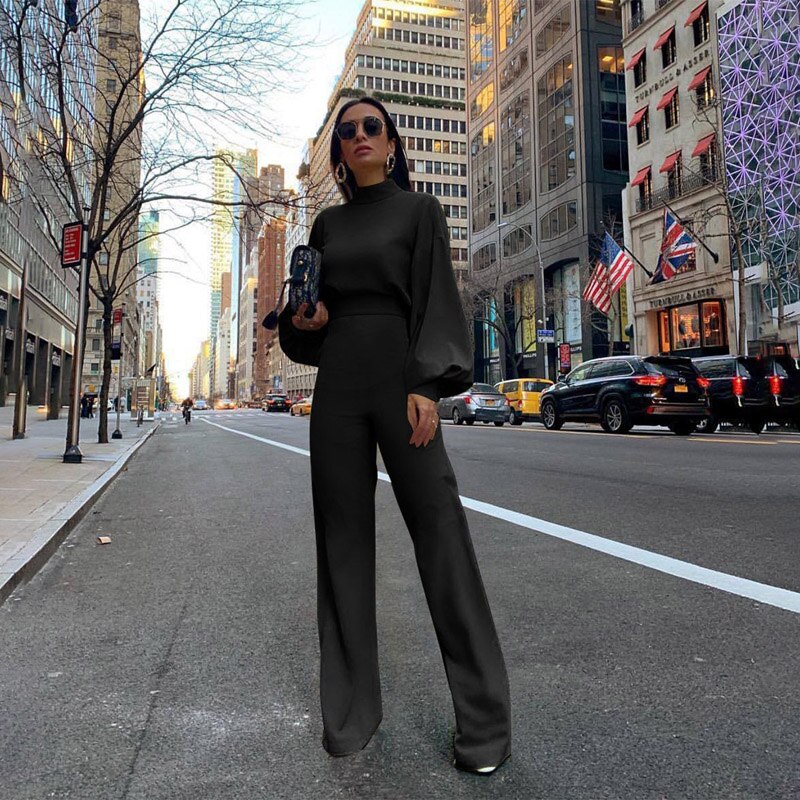 Efterår street langærmet solid sort bodysuit spandex overalls med rullekrave til kvinders barboteuse femme jumpsuits: Sort / M