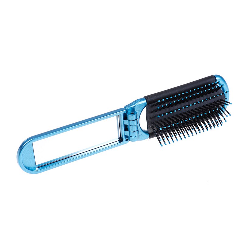 Brosse à cheveux pliante avec miroir poche compacte taille voyage voiture sac à main sac: Bleu