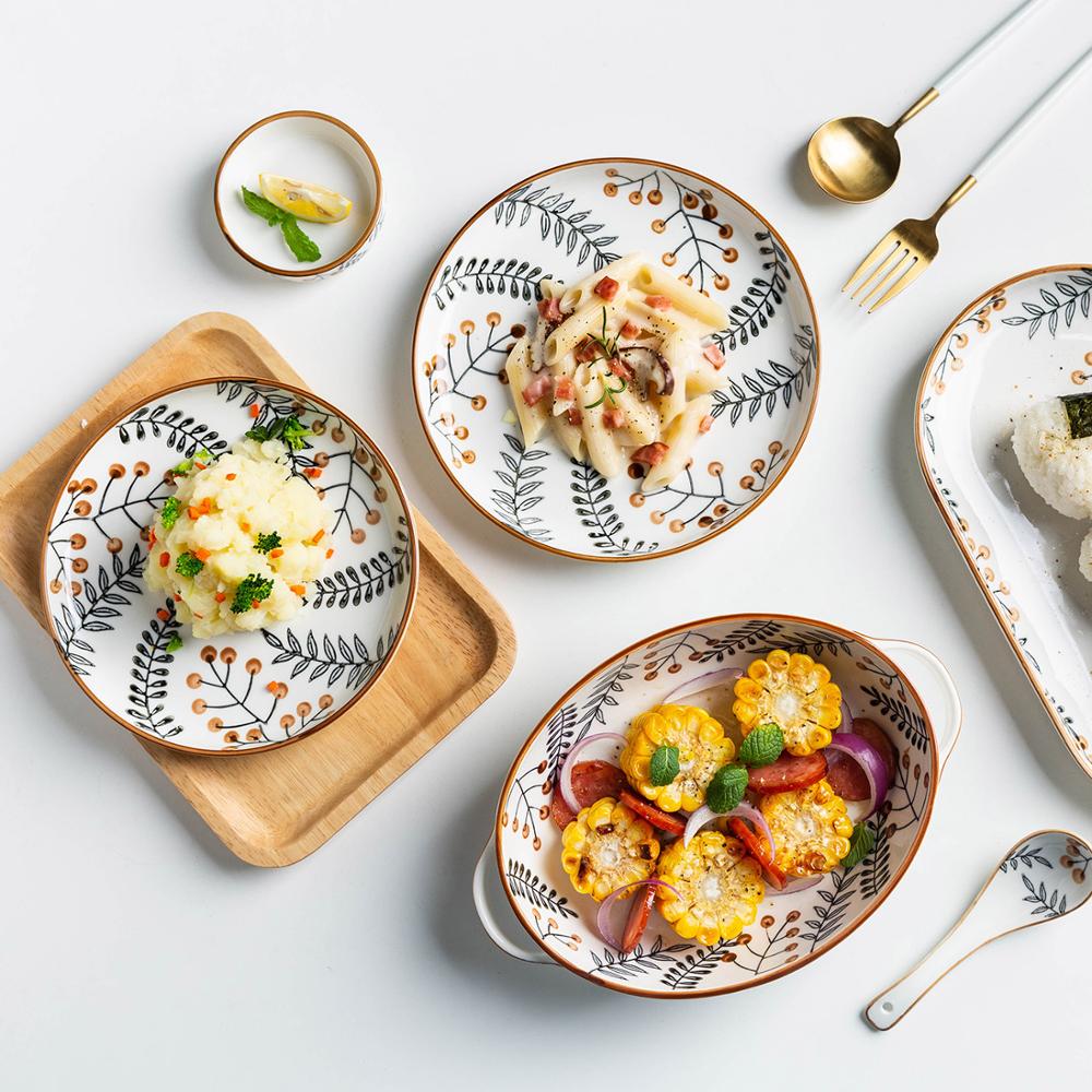 Mdzfsweethome folha veia pintados à mão placa sobremesa macarrão bife salada louça placas de cozimento lasanha pan resistente ao calor