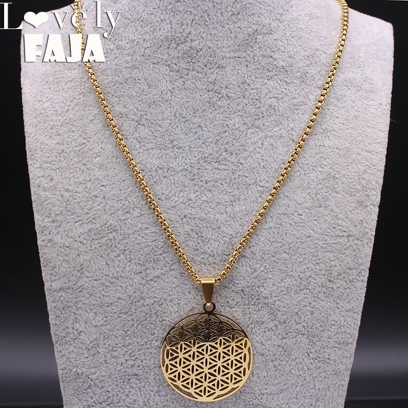 Collar largo de acero inoxidable con flor de la vida a la para mujer, collares de Color dorado, joyería sautoir femme, acero inoxidable largo