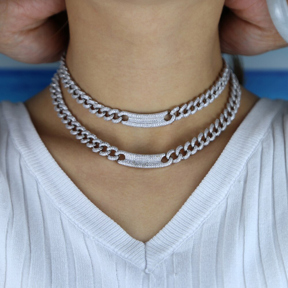 Charm miami wide heavy Cuban link chain micro pave cz curve bar pendant necklaces Gold Silver color women Hip hop Rock Jewelry