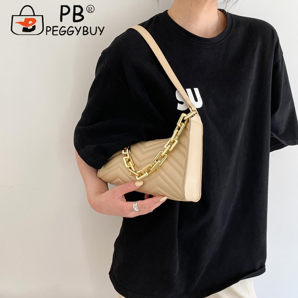 Vrouwen Pure Kleur Pu Onderarm Zak Mode Dames Dikke Ketting Kleine Hobos Handtassen Borduurgaren Schouder Pouch