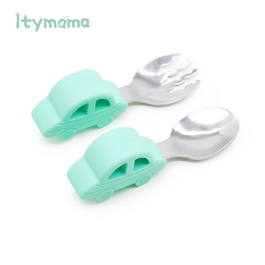 Baby matsked gaffel servis set rostfritt stål baby träning sked bil silikon handtag småbarn servis matningsverktyg: Myntsked gaffel