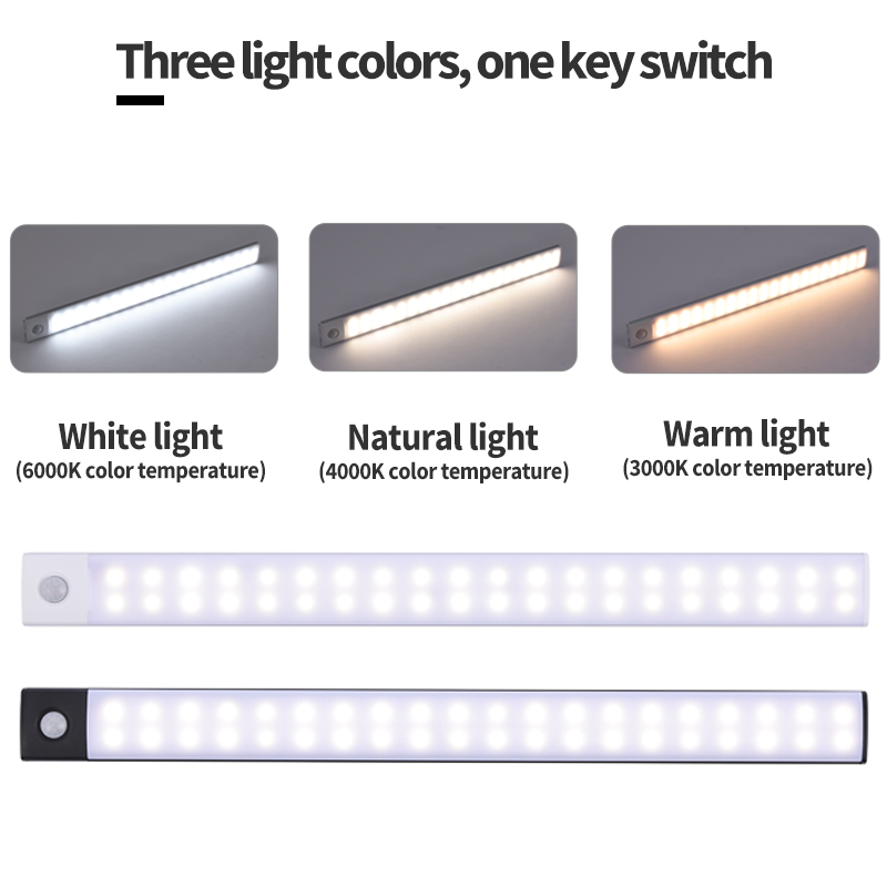 Lumière d'armoire Led avec capteur de mouvement, Rechargeable par USB, trois couleurs dans une lampe pour cuisine, garde-robe, éclairage intérieur 10/20/30/40/60cm
