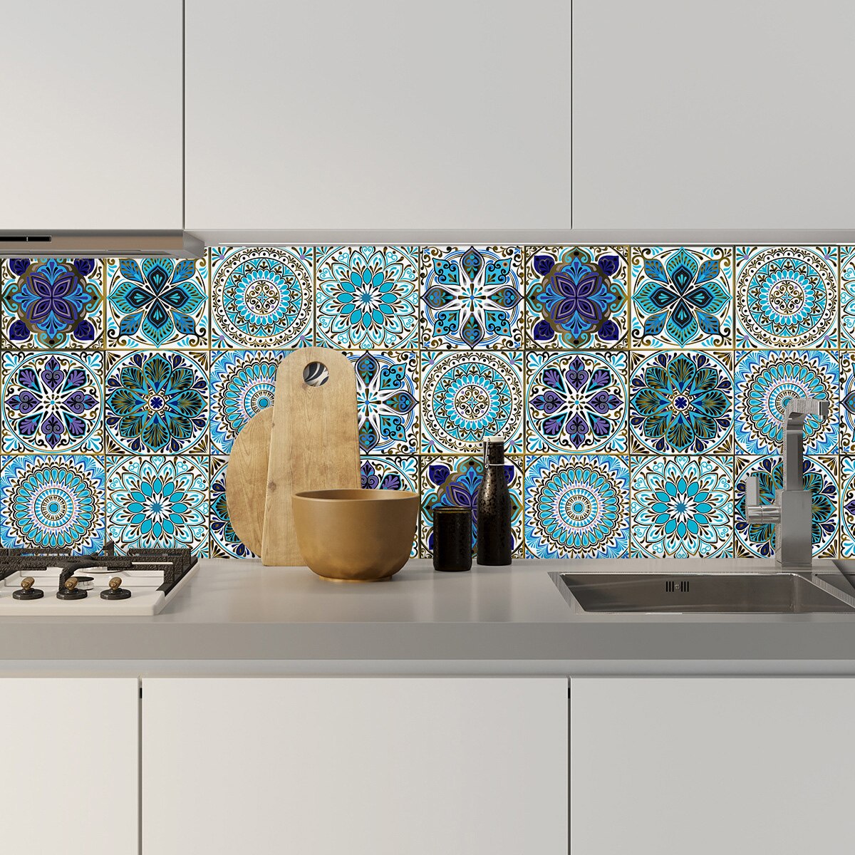 Dreamlike Blue Mandala Style Strips Tiles Wall Sticker Transfers Covers for Kitchen Bathroom Waterproof Peel & Stick Art Mural