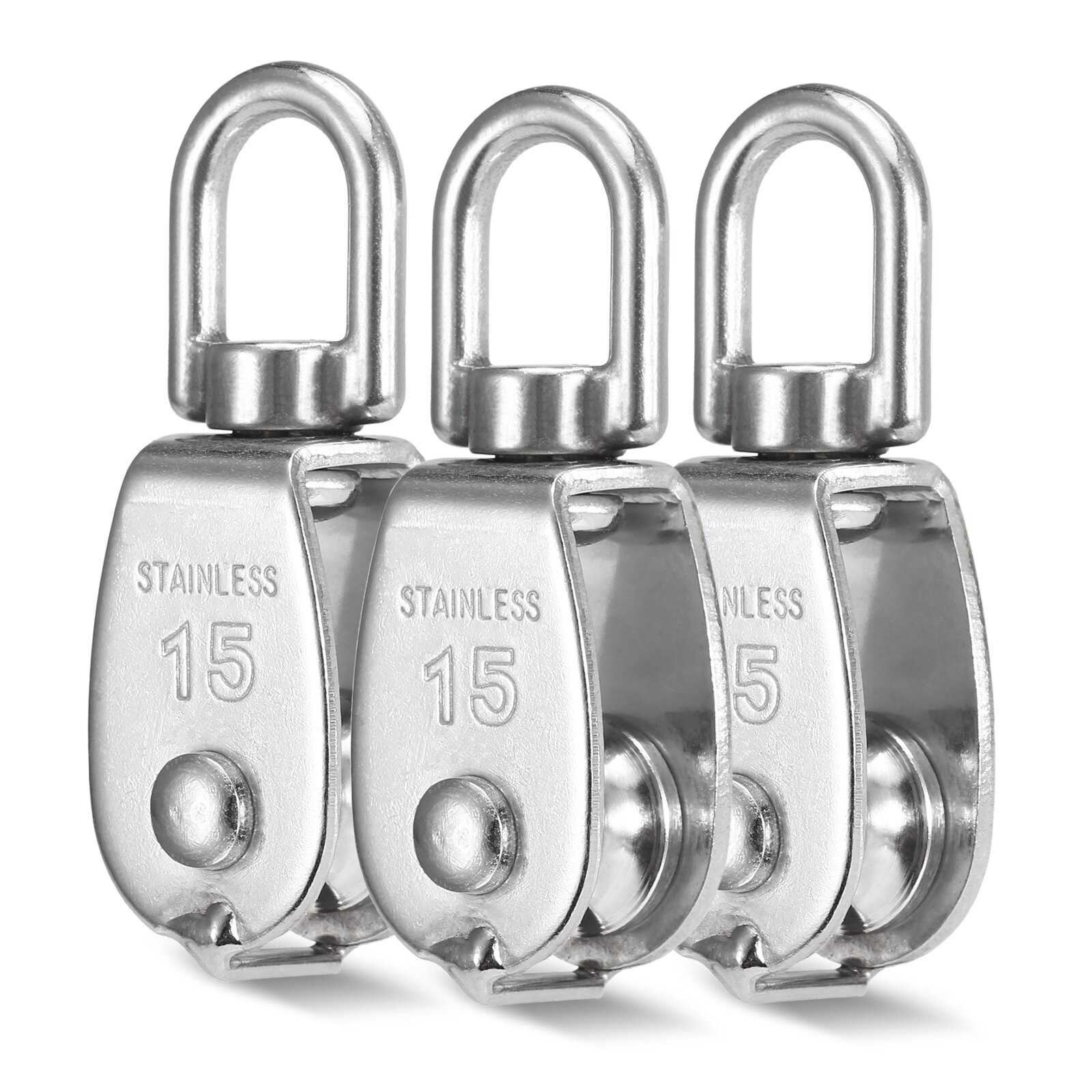 3PCS Lifting Single Pulley Stainless Steel Heavy Duty Single Wheel Lifting Rope Pulley Block for Rock Climbing Fire Survival: M15
