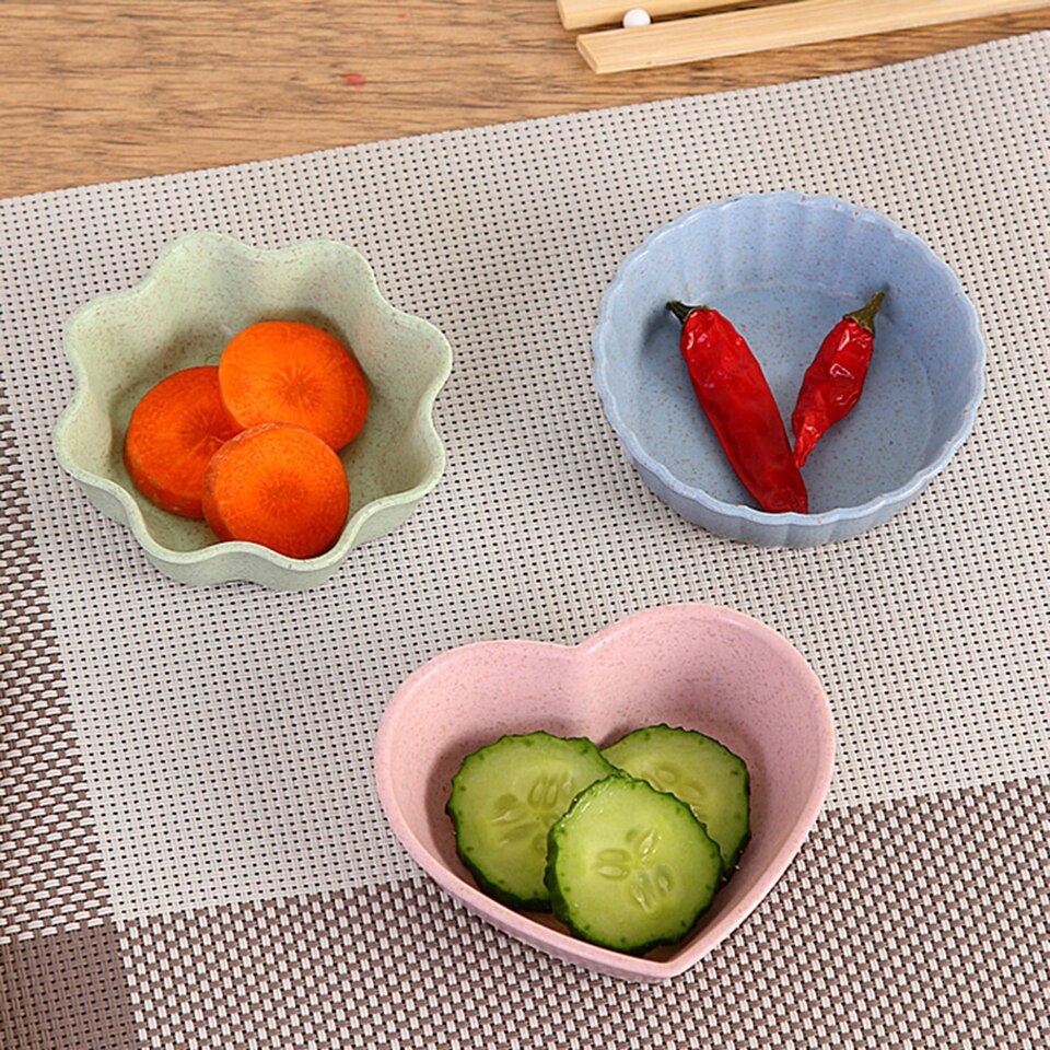 Bol d'assaisonnement en forme de fleur, bol de blé dégradable bol d'assaisonnement en forme de cœur assiette à Sauce pour aliments assiettes d'apéritifs pour outils de cuisine 3 pièces