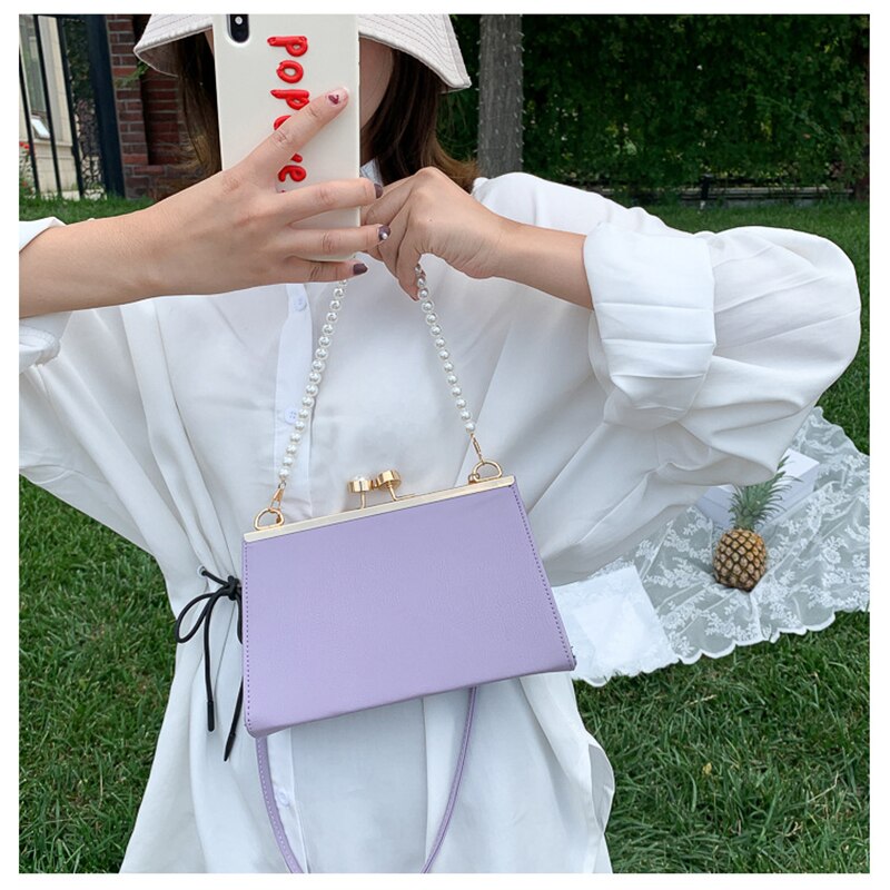 Trend Women PU Leather Bags Shoulder Pack Portable Pearls Handle Envelope Square Decorative Ladies Party Purse