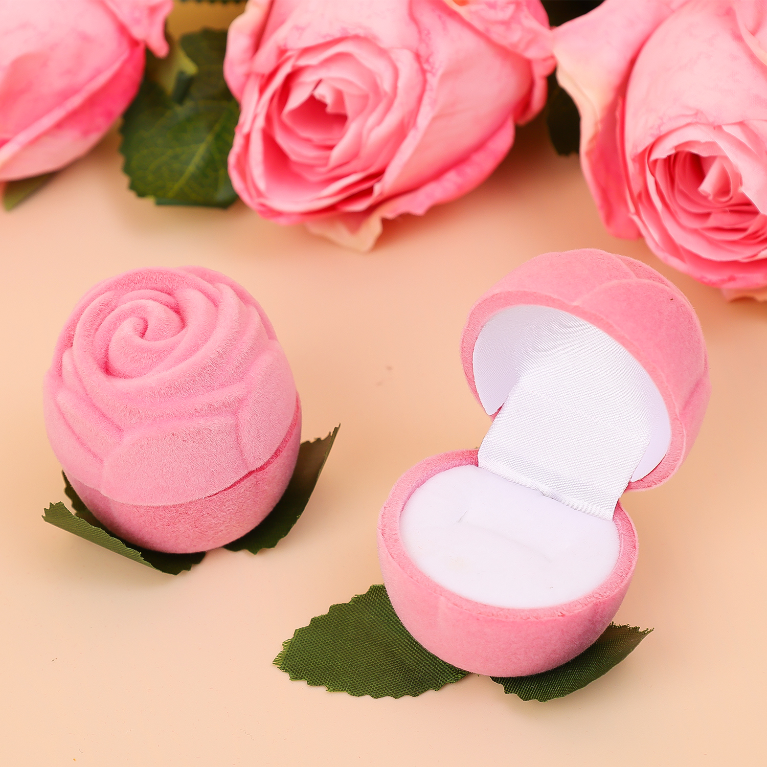Flocking rose blomst ringæske smykker halskæder øreringe organizer vielsesringæske disk display emballage valentinsdag
