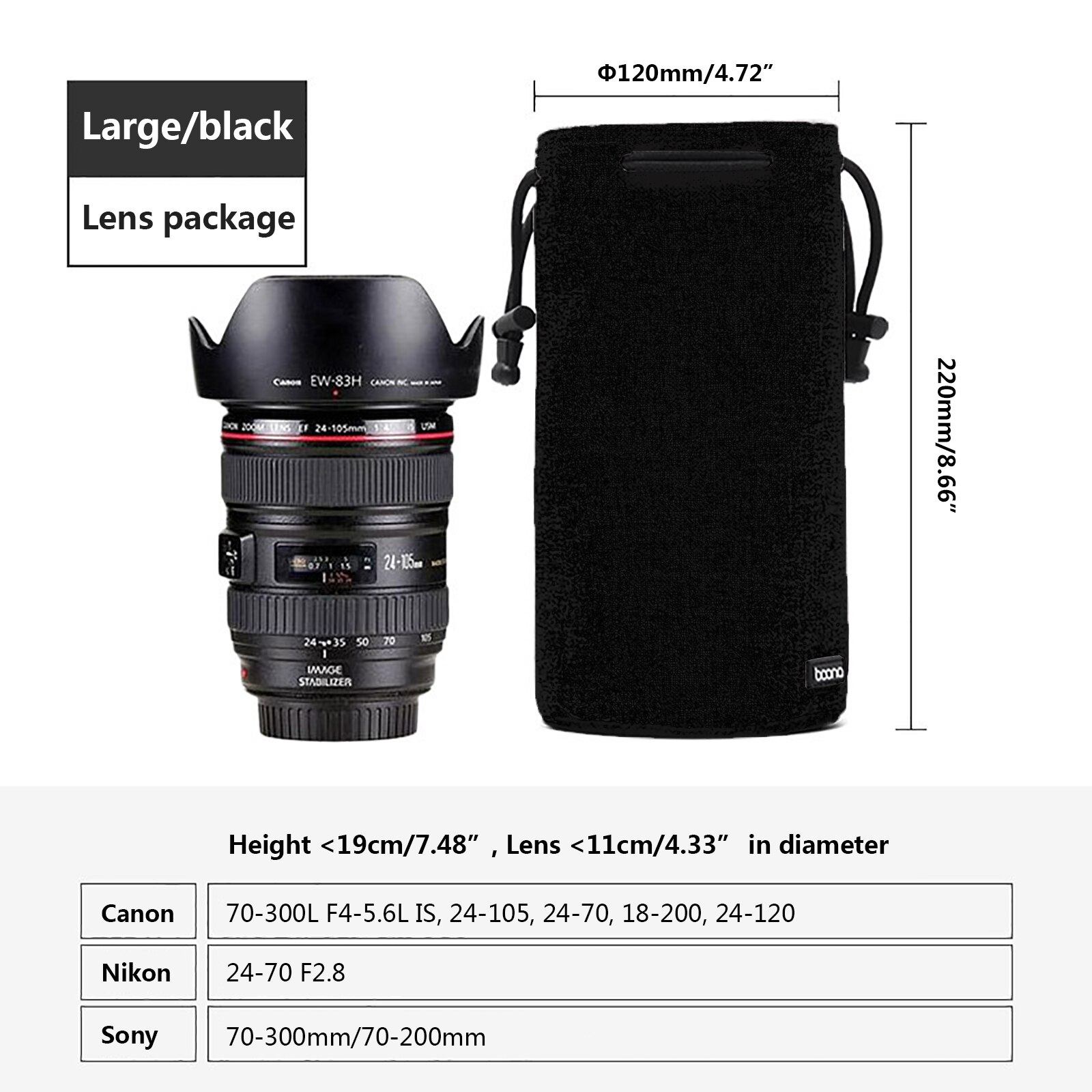 Sacoche de protection pour objectif d&#39;appareil photo, étui en Lycra pour appareils photo DSLR, Nikon, Canon, Sony, Olympus, Fuji: Lens Case Black-L