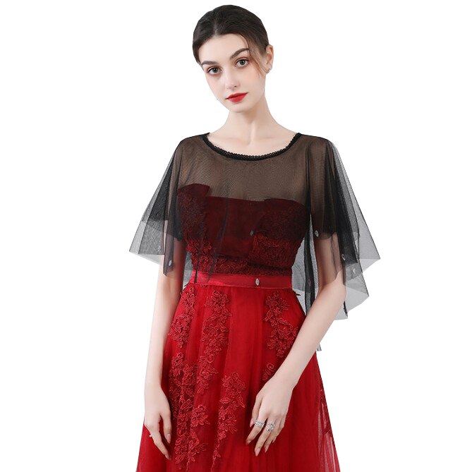 Zomer rode blauwe tule bruidsomslagdoeken sjaal dames avond cape bolero strass bruidsjurk bruiloft feest jassen omslagdoek: Zwart