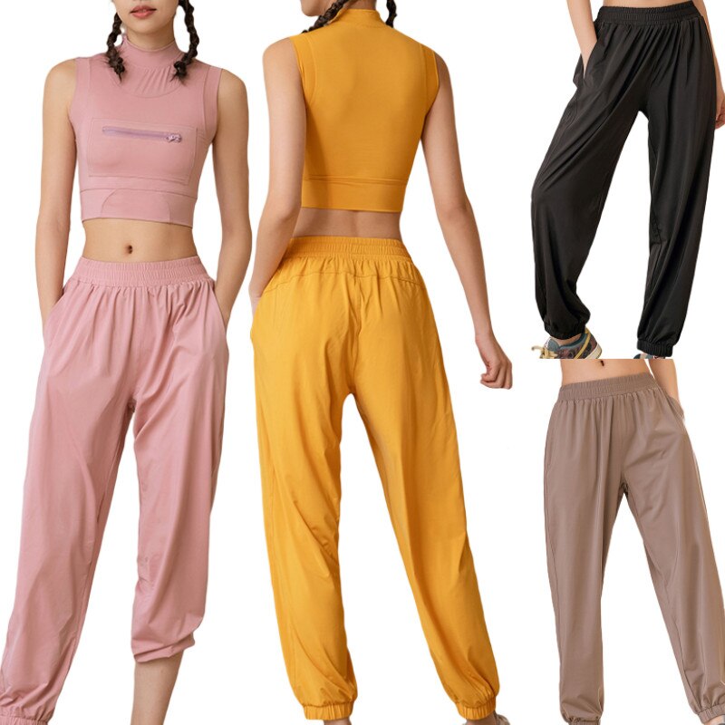 Pantalones deportivos para mujer, Pantalón elástico de cintura media, Color sólido, holgado hasta el tobillo, con bolsillos, 5 colores