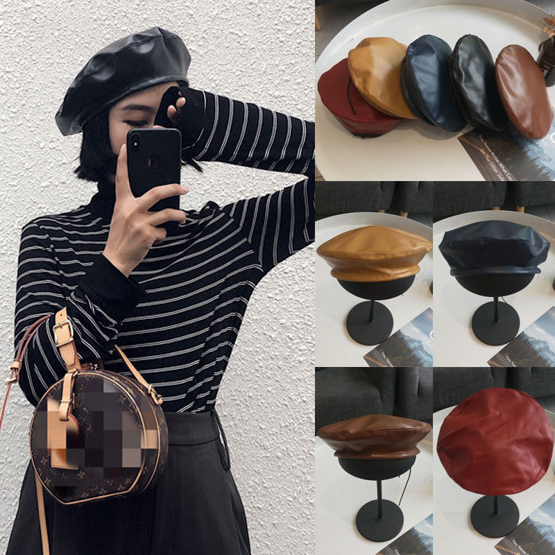 Kvinder baret solid imiteret pu læder baret fransk kunstner varm hue hat