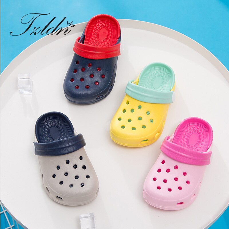 TZLDN Girls Boys Clogs Garden Shoes Summer Hollow Children Slippers Contrast Color Kids Beach Sandals EVA Eco-friendly Shoes