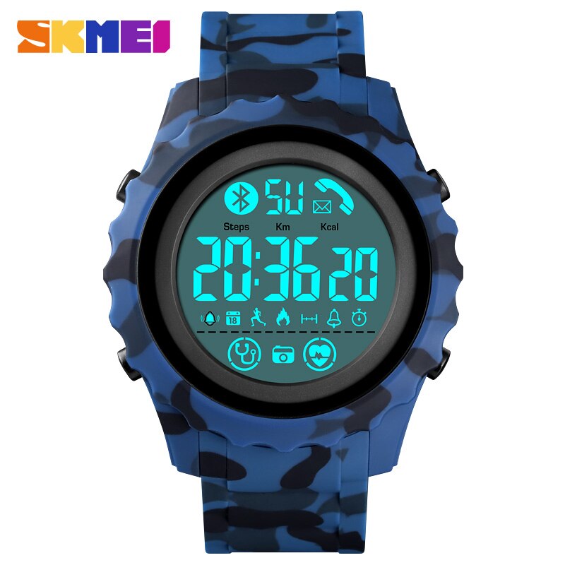 Skmei Mannen Bluetooth Sport Digitale Horloges Hartslagmeter Call Herinneren Calorie Waterdicht Horloge Reloj Hombre Klok: Blue