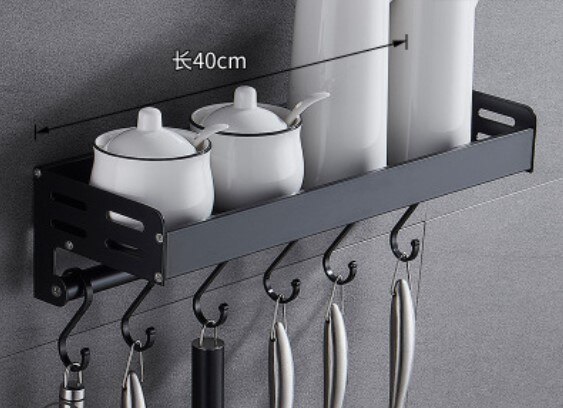 Black Wall Mounted Kitchen Racks with Hooks Space Aluminum Storage Shelf Kitchen Appliances Spice Rack Kitchen Rack Organizer: 40cm with hooks