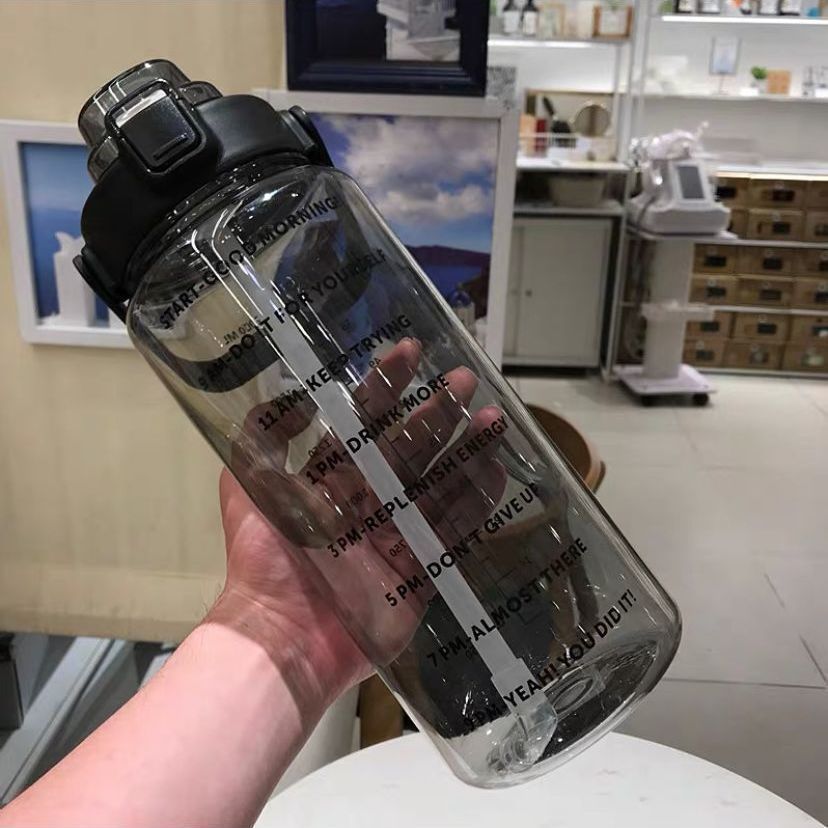 Motivatie Water Fles 2 Liter Student Drink Fles Met Stro Grote Capaciteit Fitness Kannen Tijd Marker Sport Plastic Bekers: Black