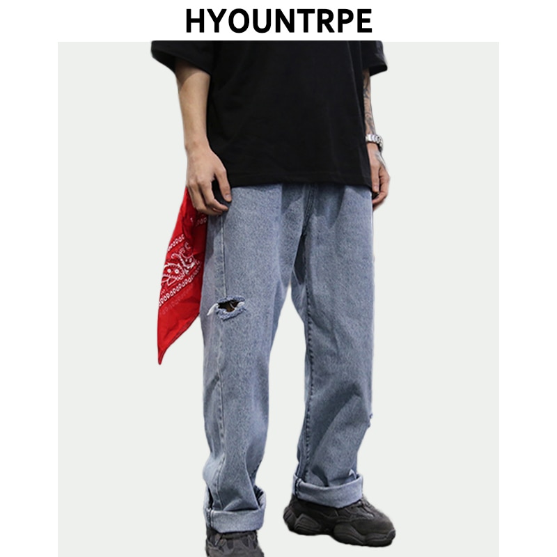 Sidehull retro denim bukser med brede ben herre rette bukser pluss størrelse rap hip hop streetwear uformell vår lang bukse