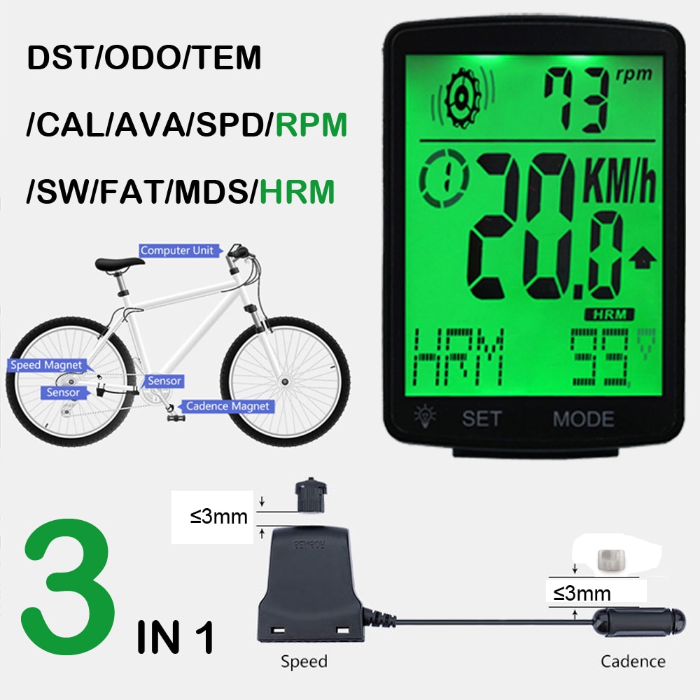 Waterproof Bike Bicycle Computer Wireless Bike Rainproof Odometer Cadence Sensor 2.8 inch LCD Cycling Speedometer Heart Rate