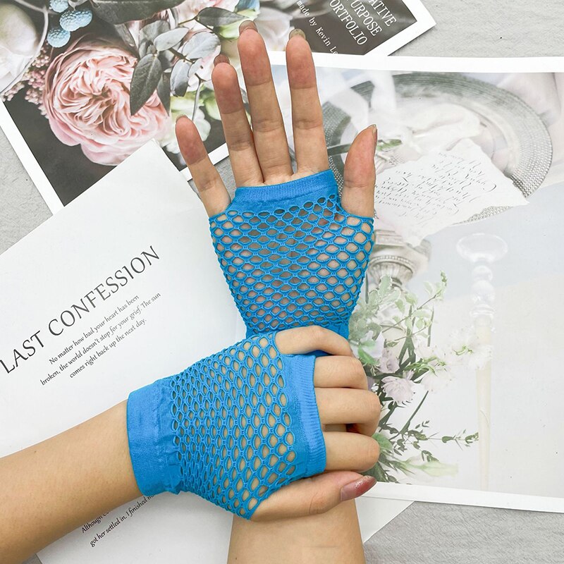 Guantes de rejilla para mujer, manoplas cortas de medio dedo, Multicolor, sexys, elásticos, de malla hueca, Punk, sin dedos, K72: Blue