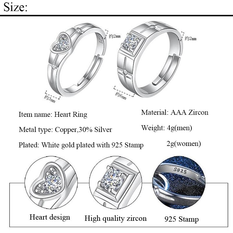 Prachtige 925 Sterling Zilver Liefde Hart Ringen voor Vrouwen Mannen Classic AAA Zirconia Engagement Bruiloft Paar Ringen Sieraden