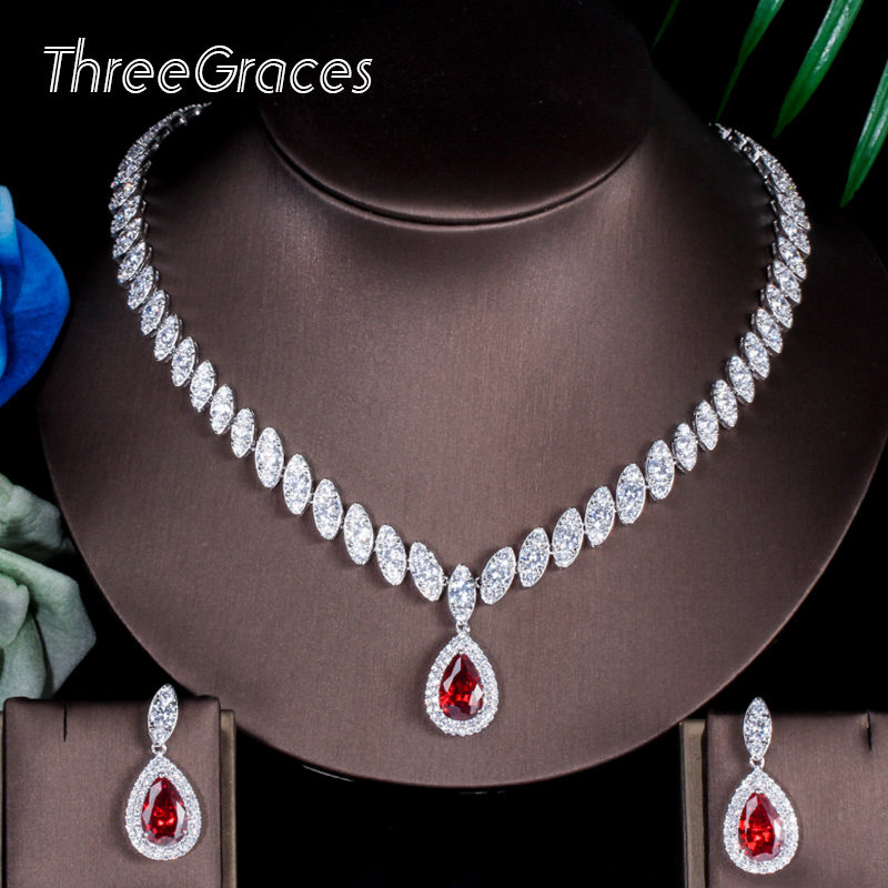 ThreeGraces Famoso Marchio di Design Africano Accessori Da Sposa Rosso Perle di Zirconia Cubica Set di Gioielli Per La Cerimonia Nuziale Costume JS002
